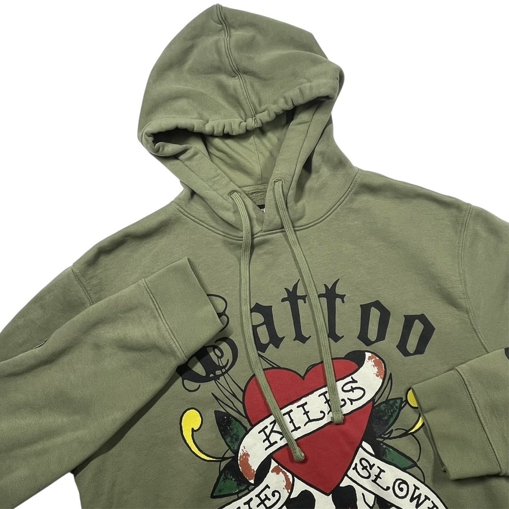 Ed Hardy Hoodie Mens Medium Olive Green Tattoo Graphic Love Kills Slowly *Flaws - Picture 1 of 14